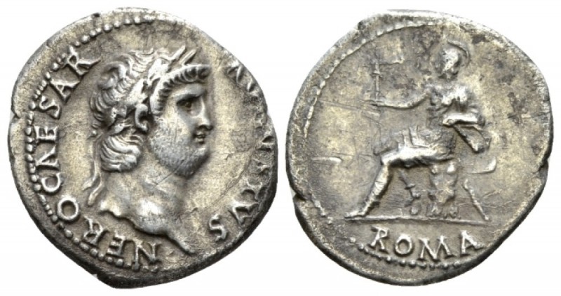 Nero, 54-68 Denarius circa 64-65, AR 19mm., 3.18g. Laureate head r. Rev. Roma se...