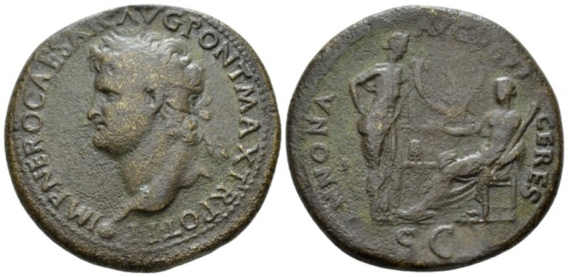 Nero, 54-68 Sestertius Lugdunum circa 66, Æ 36mm., 24.54g. Laureate head l., wit...