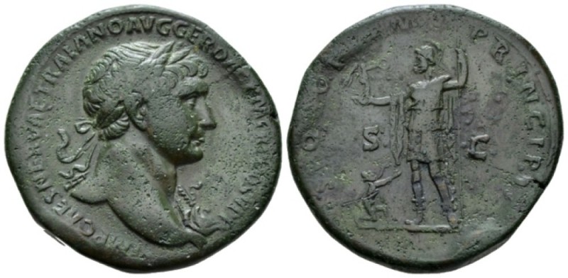 Trajan, 98-117 Sestertius circa 103-111, Æ 33mm., 25.86g. Laureate bust r., drap...