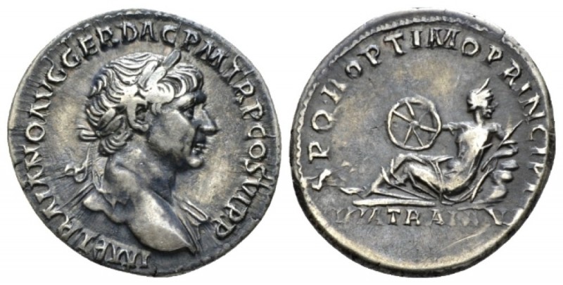 Trajan, 98-117 Denarius circa 112-113, AR 18mm., 2.96g. Laureate bust r., with d...