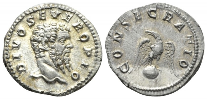 Divus Septimius Severus. Denarius after 211, AR 19mm., 3.23g. Bare head r. Rev. ...