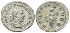 Philip I, 244-249 Antoninianus circa 246, AR 22mm., 4.25g. Radiate, draped, and cuirassed bust r. Rev. Aequitas standing l., holding scales and cornuc...