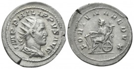 Philip I, 244-249 Antoninianus circa 247-249, AR 25mm., 4.37g. Radiate, draped and cuirassed bust r. Rev. Fortuna seated l., holding rudder in r. hand...