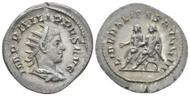 Philip II caesar, 244-247. Antoninianus circa 247-249, AR 22mm., 3.40g. Radiate and draped bust r. Rev. Philip I and II seated l. C 17. RIC 230.

Li...
