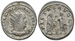 Valerian I, 253-260 Antoninianus Samosata circa 255-256, AR 22mm., 3.70g. Radiate, draped, and cuirassed bust r. Rev. Valerian, holding eagle-tipped s...