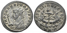 Probus, 276-282 Antoninianus Serdica circa 277, billon 22mm., 3.74g. Radiate and mantled bust l., holding eagle-tipped sceptre. Rev. Sol standing faci...