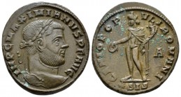 Maximianus Herculius, first reign 286-305 Follis Siscia circa 295, Æ 27mm., 10.50g. Laureate head r. Rev. Genius standing l., holding patera and cornu...