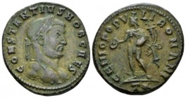 Constantius Chlorus caesar, 293 – 305. Follis circa 299, Æ 27mm., 10.59g. Laureate head r. Rev. Genius standing l., holding patera and cornucopiae; in...