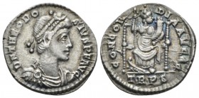 Theodosius I, 379-395 Siliqua Treveri circa 379-388, AR 19mm., 1.97g. Pearl-diademed, draped and cuirassed bust r. Rev. Constantinopolis, turreted, se...