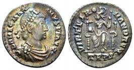 Magnus Maximus, 383-388 Siliqua Treviri circa 383-388, AR 17mm., 2.10g. Pearl-diademed and draped bust r. Rev. Roma seated facing on throne, head l., ...