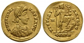 Honorius, 393-423 Solidus Mediolanum circa 395-402, AV 20mm., 4.30g. Pearl-diademed, draped and cuirassed bust r. Rev. Emperor standing r., r. foot on...