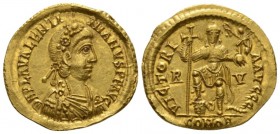 Valentinian III, 425-455 Solidus Ravenna circa 430-445, AV 21mm., 4.37g. Rosette-diademed, draped and cuirassed bust r. Rev. Emperor standing facing.,...