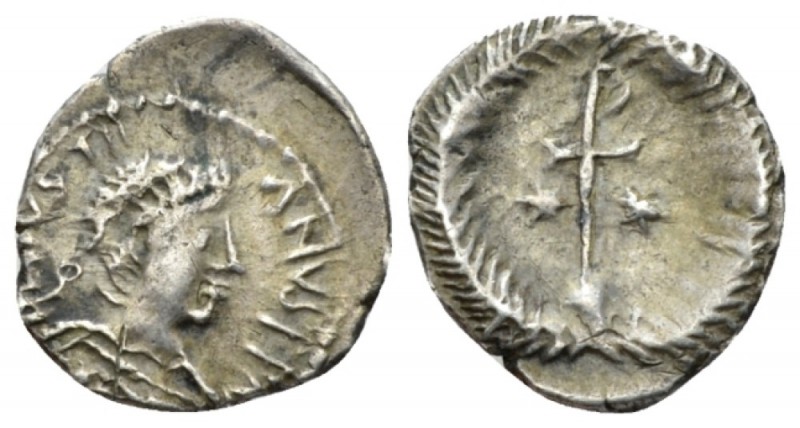 Justinian I, 527-565. Quarter Siliqua Ravenna 552-565, AR 12mm., 0.68g. Diademed...