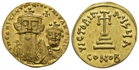 Constans II, 641 – 678, with colleagues from 654. Solidus Constantinople 654-659, AV 20mm., 4.30g. Facing bust of Constans II with long beard on l. an...