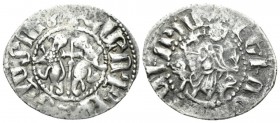 Armenia. Cilician Armenia., Levon I, 1198-1219. Tram 1198-1219, AR 22mm., 2.82g. Levon seated facing on throne decorated with lions, holding cross and...