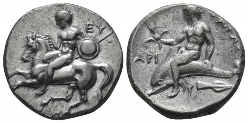 Calabria, Tarentum Nomos circa 281-270, AR 20mm., 7.35g. Rider l., holding spear...