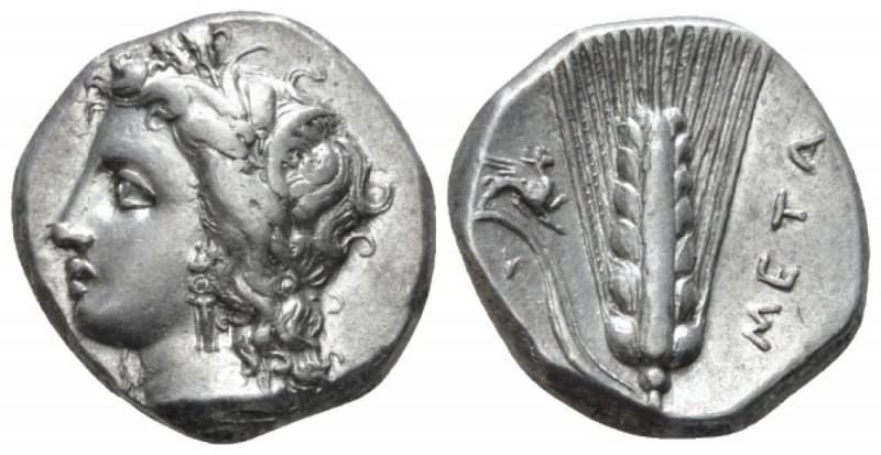 Lucania, Metapontum Nomos circa 330-290, AR 20mm., 7.87g. Wreathed head of Demet...