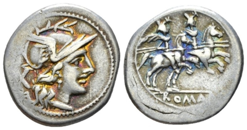 Denarius circa 179-170, AR 18.5mm., 3.77g. Helmeted head of Roma r.; behind, X. ...