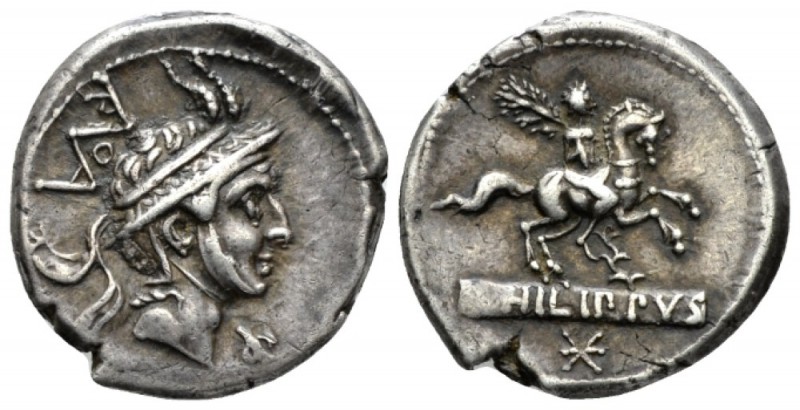 L. Marcius Philippus. Denarius 113 or 112, AR 18.5mm., 3.97g. Male head r., wear...