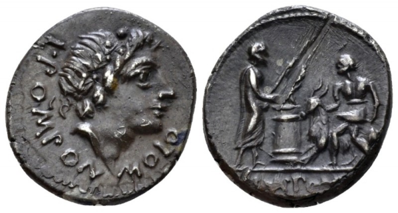 L. Pomponius Molo. Denarius 97, AR 18mm., 3.95g. L·POM PON·MOLO Laureate head of...