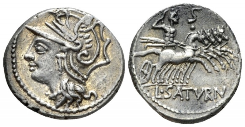 L. Appuleius Saturninus. Denarius 104, AR 19.5mm., 3.96g. Helmeted head of Roma ...