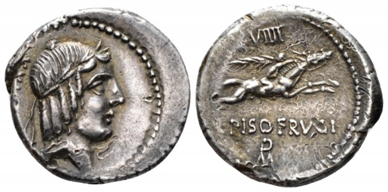 L. Piso Frugi. Denarius 90, AR 19.5mm., 3.93g. Laureate head of Apollo r.; behin...