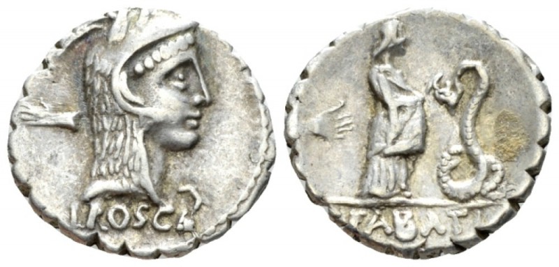 L. Roscius Fabatus. Denarius serratus 64, AR 18mm., 3.82g. Head of Juno Sospita ...