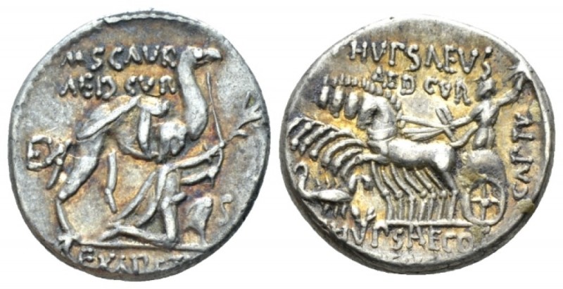 Denarius 58, AR 18mm., 3.98g. M·SCAVR / AED·CVR Kneeling figure r., holding oliv...