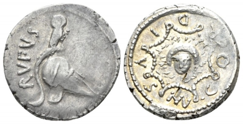 Mn. Cordius Rufus. Denarius 46, AR 18.5mm., 3.89g. RVFVS Owl perched on Corinthi...