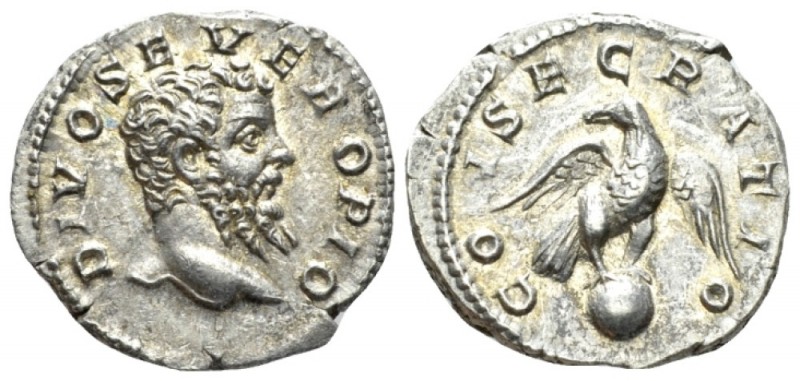 Divo Severo. Denarius circa 211, AR 18mm., 2.99g. Bare head r. Rev. Eagle standi...