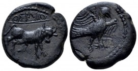 Hispania, Obulco Semis Late II cent., Æ 25mm., 5.83g. Eagle standing r. with wings open. Rev. Bull standing r. Burgos 1848. Villaronga-Benages 2240.
...