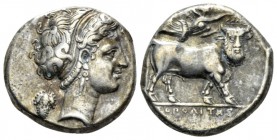 Campania, Neapolis Didrachm circa 320-300, AR 18mm., 7.33g. Head of nymph Parthenope r., wearing earring and necklace; behind, bunch of grapes. Rev. M...