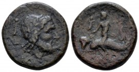 Apulia, Brundisium Semis II cent. BC, Æ 23.5mm., 10.14g. Laureate head of Neptune r., crowned by a flying Victory r. on trident. Rev. Oecist riding do...