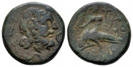 Apulia, Brundisium Semis II cent. BC, Æ 19mm., 6.15g. Laureate head of Neptune r., crowned by a flying Victory r. on trident. Rev. Oecist riding dolph...