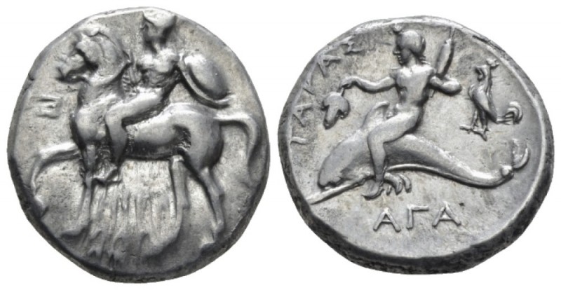 Calabria, Tarentum Nomos circa 281-270, AR 20mm., 7.78g. Rider, helmeted and wit...