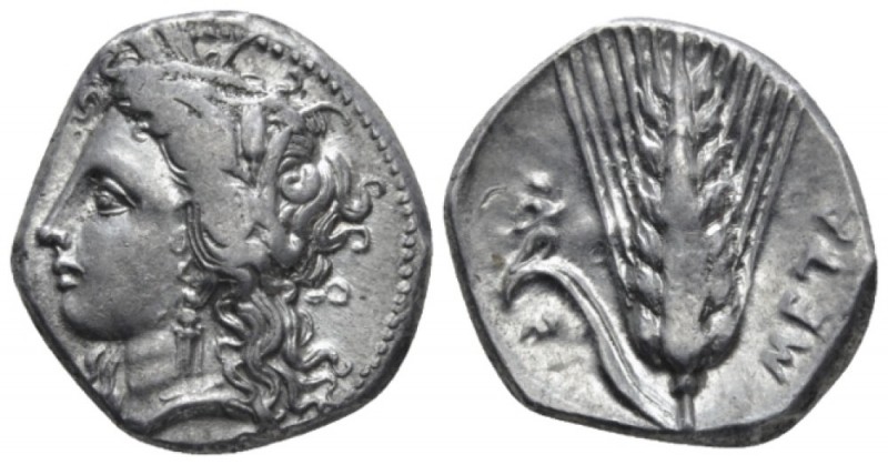 Lucania, Metapontum Nomos circa 330-290, AR 21mm., 7.92g. Head of Demeter l., we...