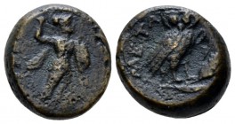 Lucania, Metapontum Bronze circa 225-200, Æ 15mm., 4.66g. Athena Alkidemos advancing r., holding shield and hurling a thunderbolt. Rev. Owl standing r...