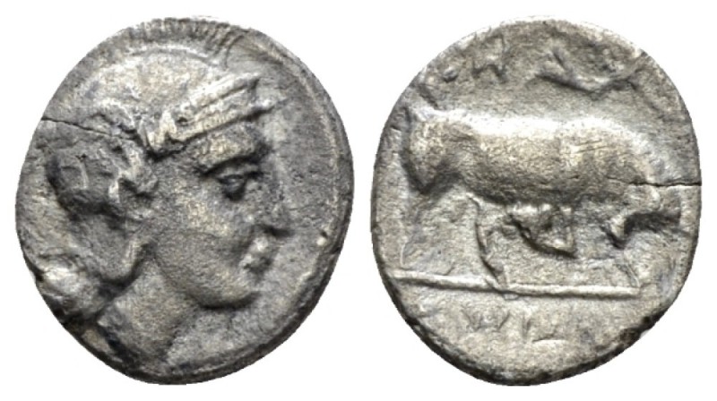 Lucania, Thurium Triobol circa 300-280, AR 11mm., 1.00g. Head of Athena r., wear...