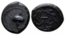 Sicily, The Campanian mercenaries Tauromenium Bronze circa 354-344, Æ 13mm., 1.80g. Helmet r. Rev. Monogram within wreath. Calciati 2-3. Castrizio Ser...