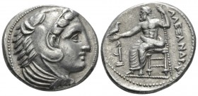 Kingdom of Macedon, Alexander III, 336 – 323 Amphipolis Tetradrachm circa 325-322, AR 26mm., 16.88g. Head of Herakles r., wearing lion skin. Rev. Zeus...