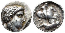 Kingdom of Paeonia, Patraos, 335-315. Damastion or Astibos Tetradrachm circa 335-315, AR 24mm., 12.81g. Laureate head of Apollo r. Rev. Warrior on hor...