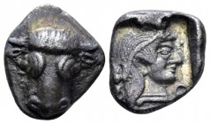 Phocis, Federal coinage Triobol circa 449-447, AR 15mm., 2.70g. Frontal bull’s head, the hair in vertical lines. Rev. Archaic head of Artemis r. in in...