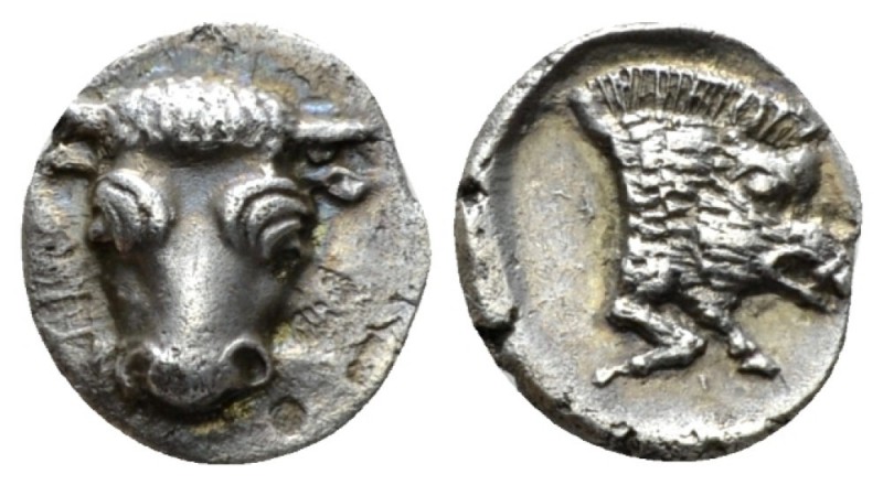 Phocis, Federel coinage Obol circa 420-400, AR 12mm., 0.89g. Facing bull’s head,...