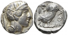 Attica, Athens Tetradrachm after 449, AR 26mm., 17.02g. Head of Athena r., wearing Attic helmet decorated with olive leaves and palmette. Rev. Owl sta...