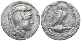 Attica, Athens Tetradrachm circa 172-171, AR 32mm., 15.24g. Helmeted head of Athena r. Rev. Owl standing r., head facing, on amphora; at sides, monogr...