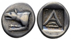 Peloponnesus, Argos Tetrobol circa 343-146, AR 16mm., 2.69g. Forepart of wolf l. Rev. Large A; Π Ρ, dolphin and club. SNG Copenhagen 35.

Attractive...