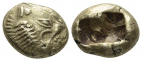 Lydia, Sardes Trite Before 561, EL 13mm., 4.72g. Lion's head r. with open jaws; wart on forehead. Rosen 653. Mitchiner 11. Weidauer 67.

Rare, Extre...