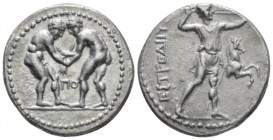 Pamphilia, Aspendus Stater circa 380-325, AR 24mm., 10.44g. Two wrestlers grappling. Rev. Slinger standing r.; in r. field, forepart of horse r. Tekin...