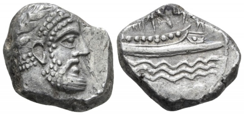 Phoenicia, Aradus Stater circa 350-332, AR 21mm., 10.40g. Laureate head of marin...