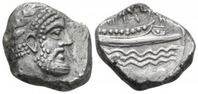 Phoenicia, Aradus Stater circa 350-332, AR 21mm., 10.40g. Laureate head of marine deity r. Rev. Phoenician pentekonter r.; three waves below, ˜aM abov...